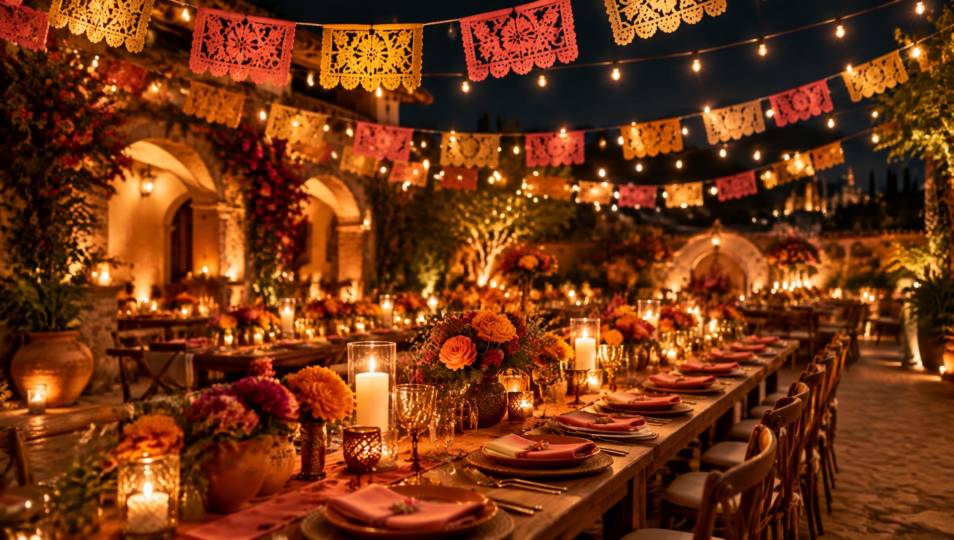 Celebración mexicana con papel picado y luces cálidas